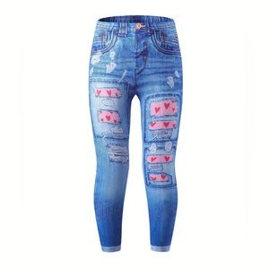 Girls Classic Imitation Denim Print Leggings Sz 4-5 NEW